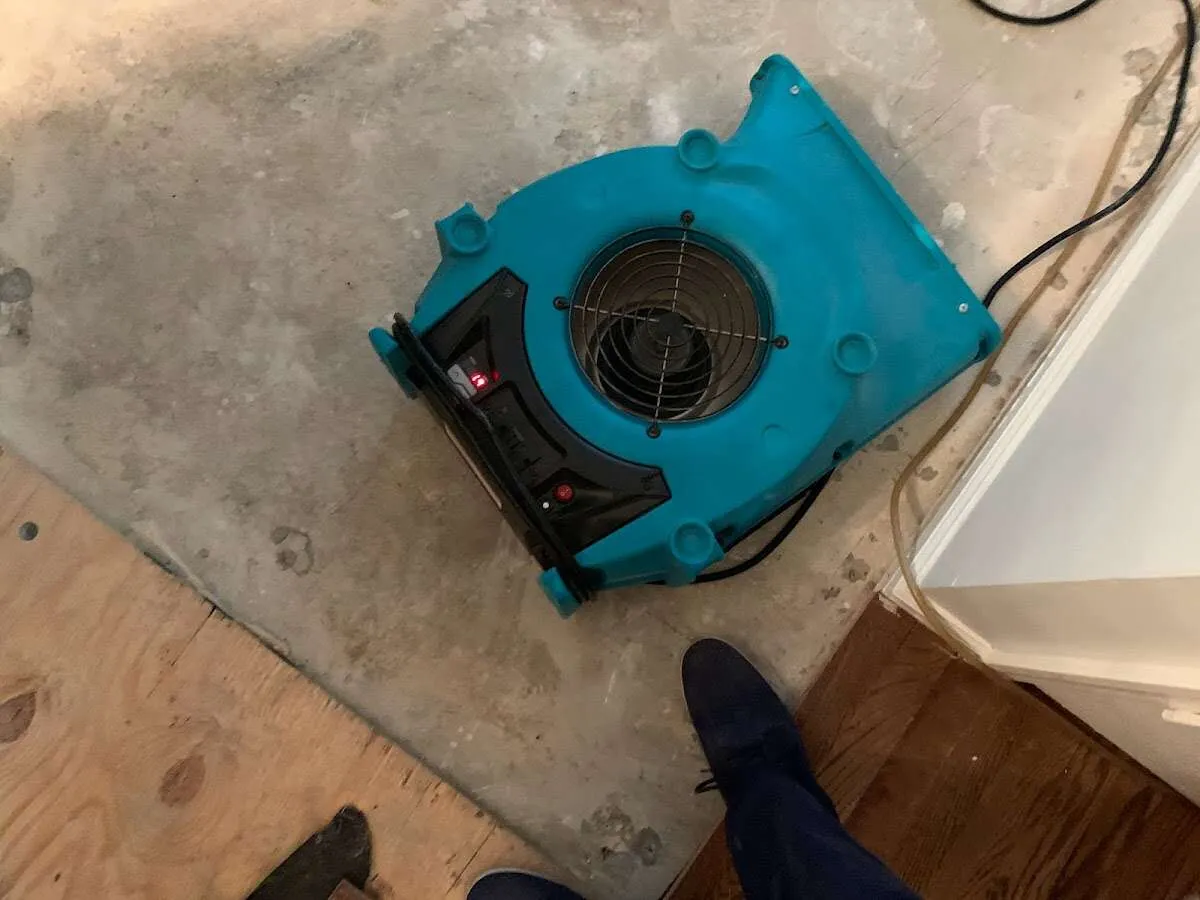 Air mover drying subfloor during Commercial Water Damage Restoration in Bloomer